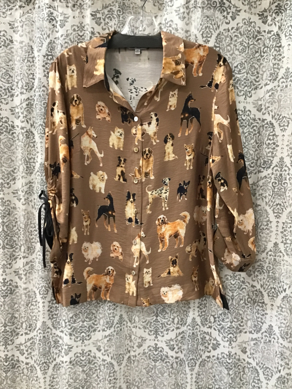 Woven Print Collared Button Front Cinch Blouse