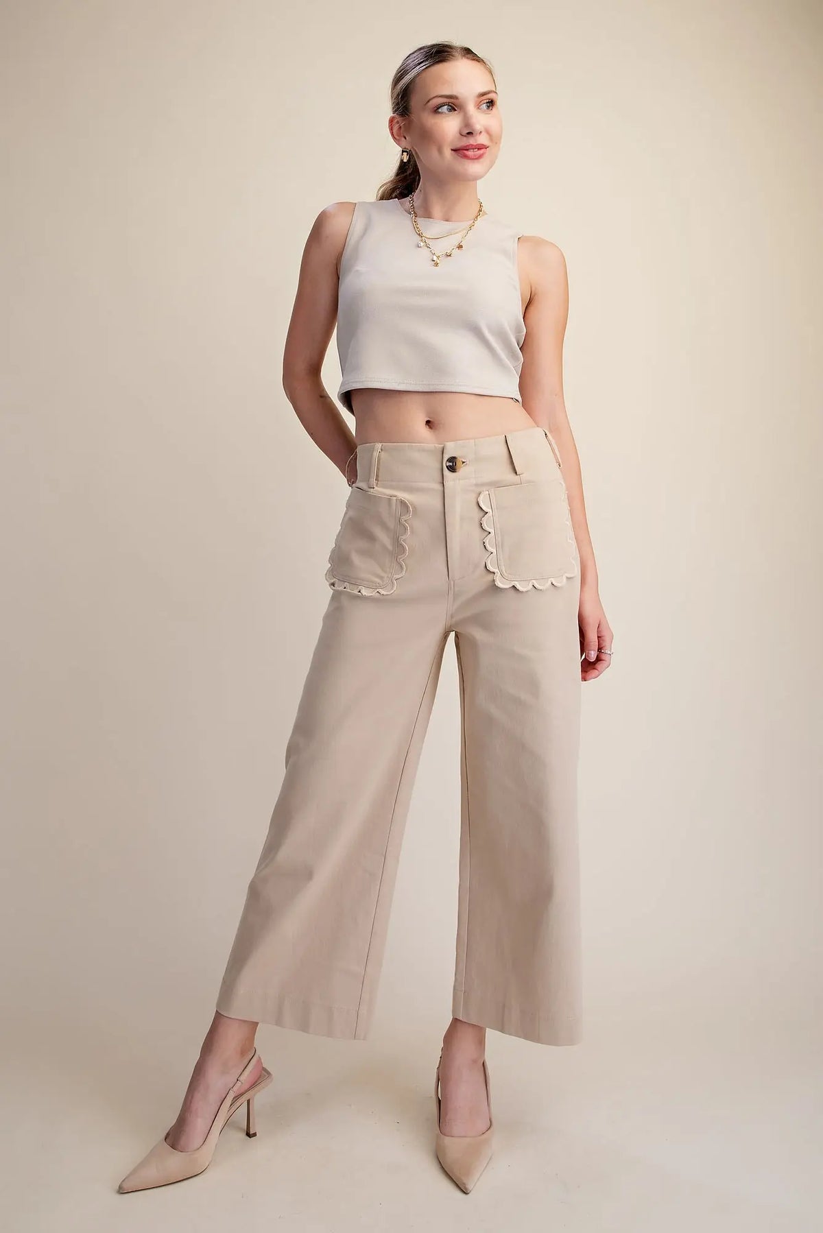 Cropped Scallop Pocket Detail Wide-Leg Pants