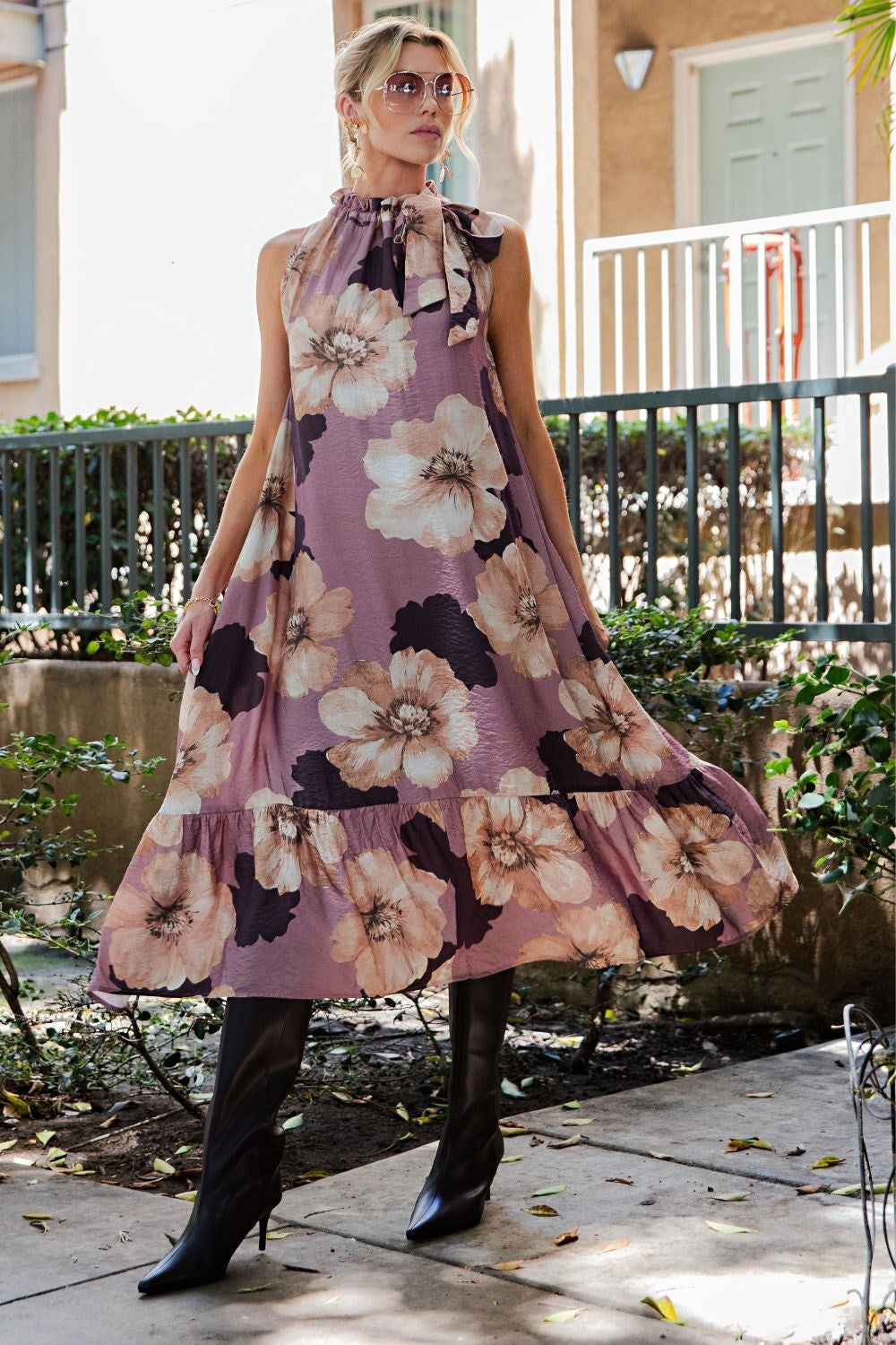 Floral Midi Dress Ruffle Neck Tie Without Sleeves