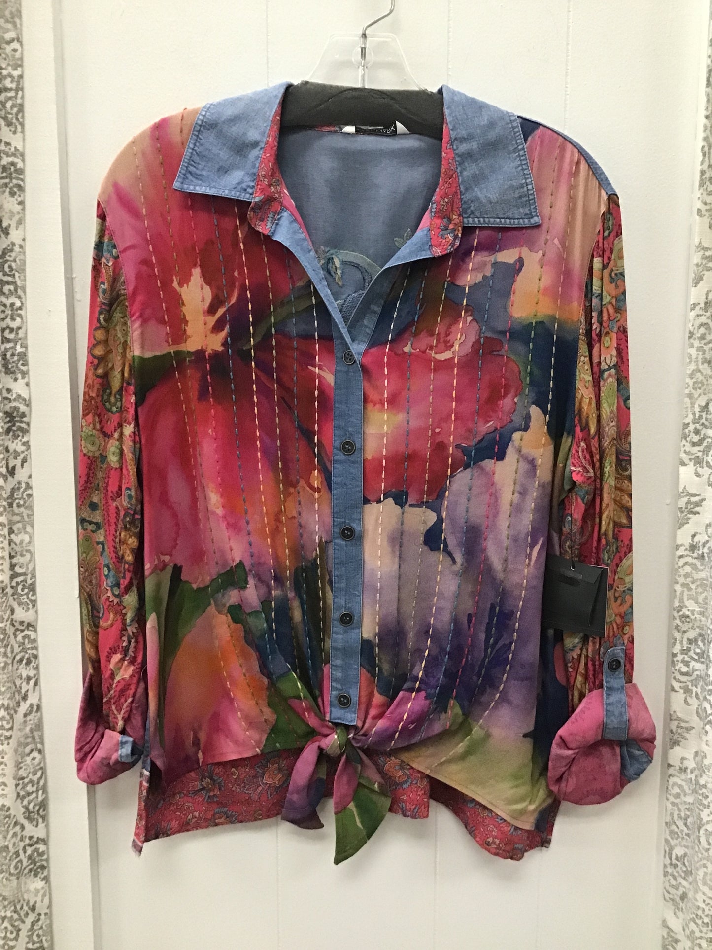 Woven Long-Sleeve Cinch Sleeve Tie Front Blouse