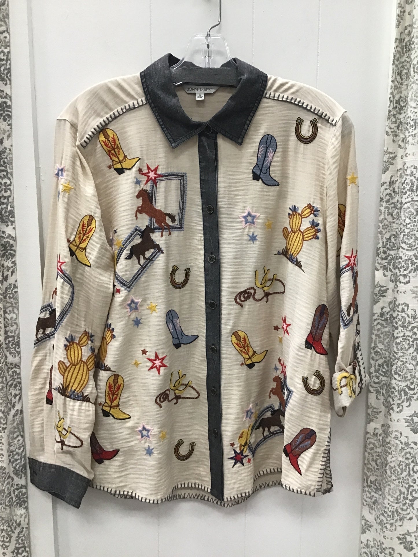 Woven Embroidered Long-Sleeve Snap Button Front Blouse