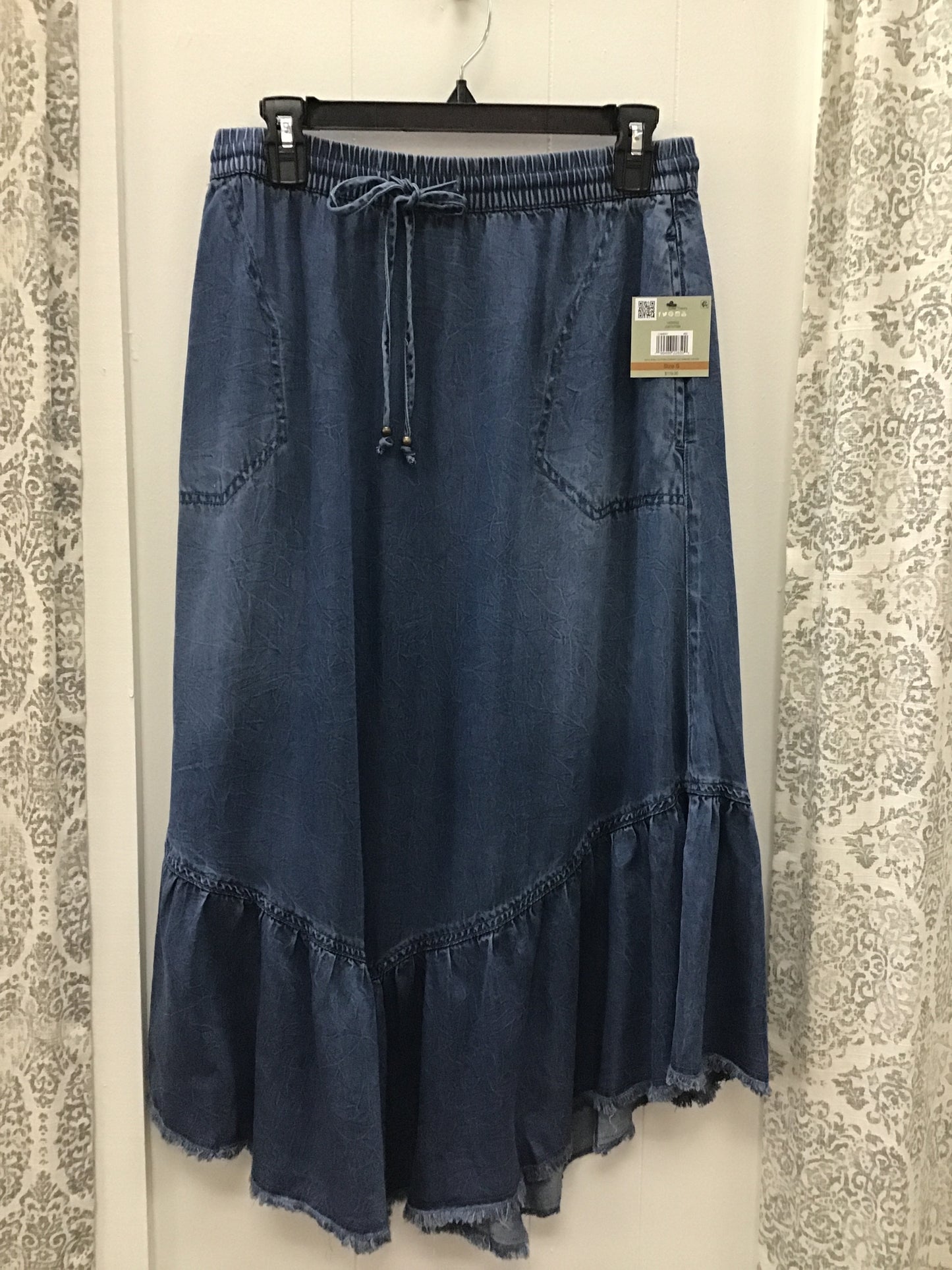 Woven Pull-On Tie Smocked Waist Skirt With Ruffle Frayed Hem