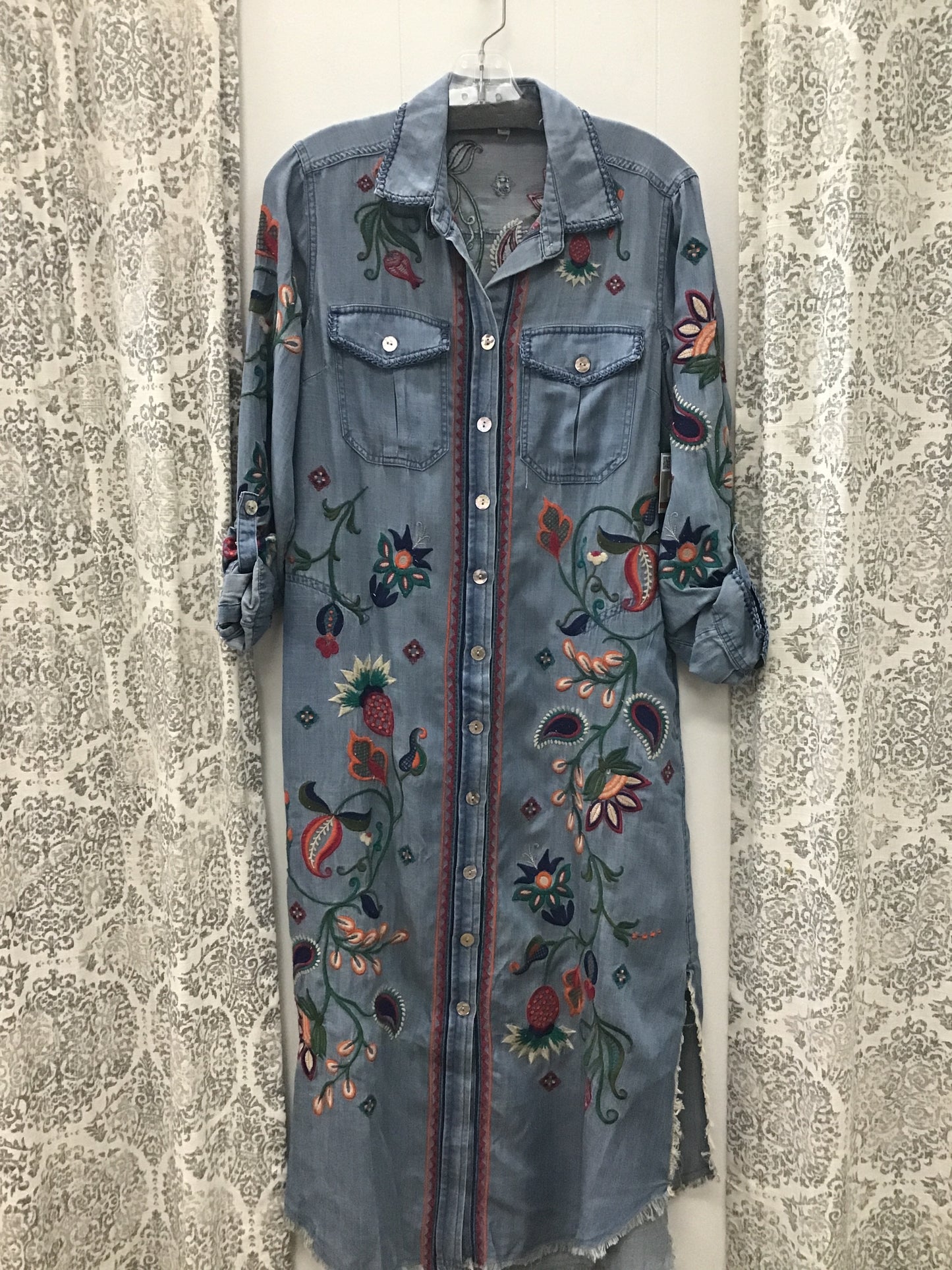 Woven Denim Button Front 3/4 Sleeve Dress
