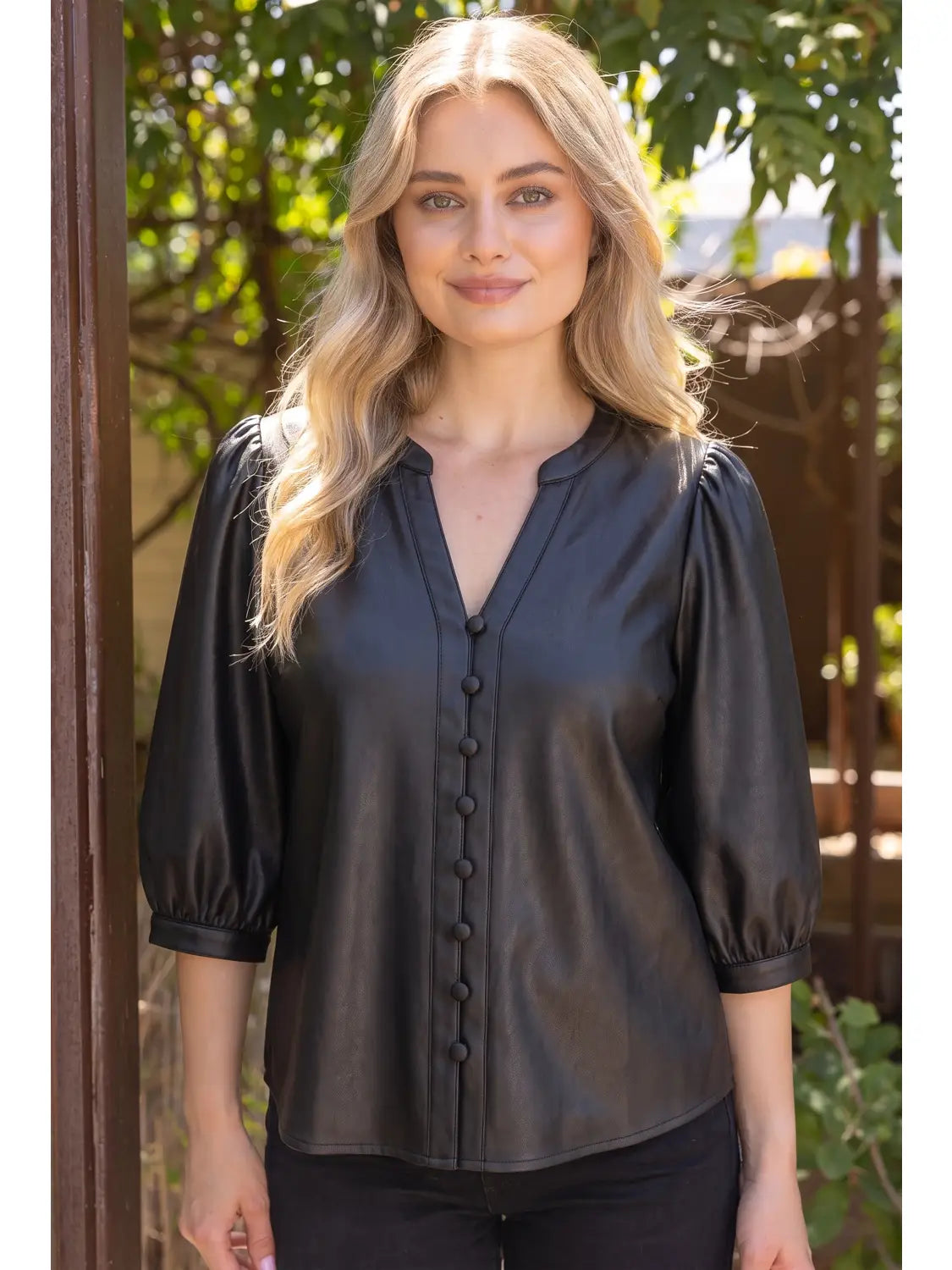 Button Down Faux Leather Top