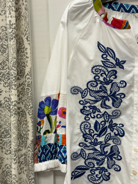 Embroidered Blouse with Lace Scalloped Hem