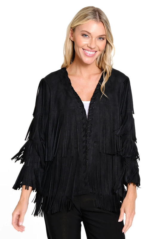 Faux Knit Suede Fringe Long Sleeve Jacket