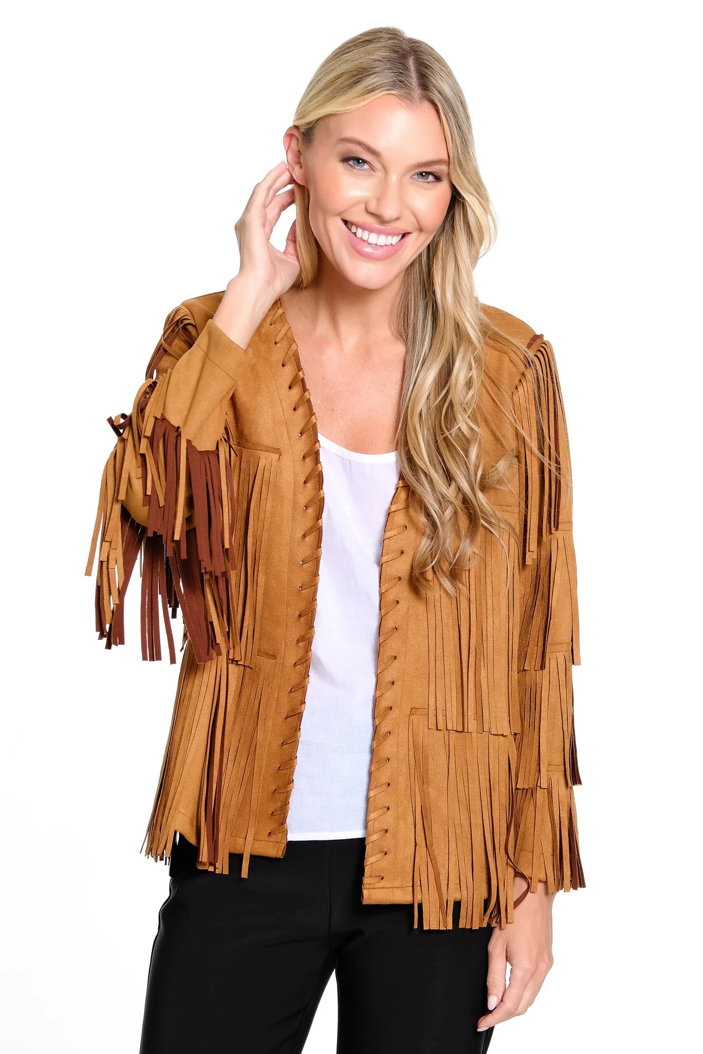 Faux Knit Suede Fringe Long Sleeve Jacket