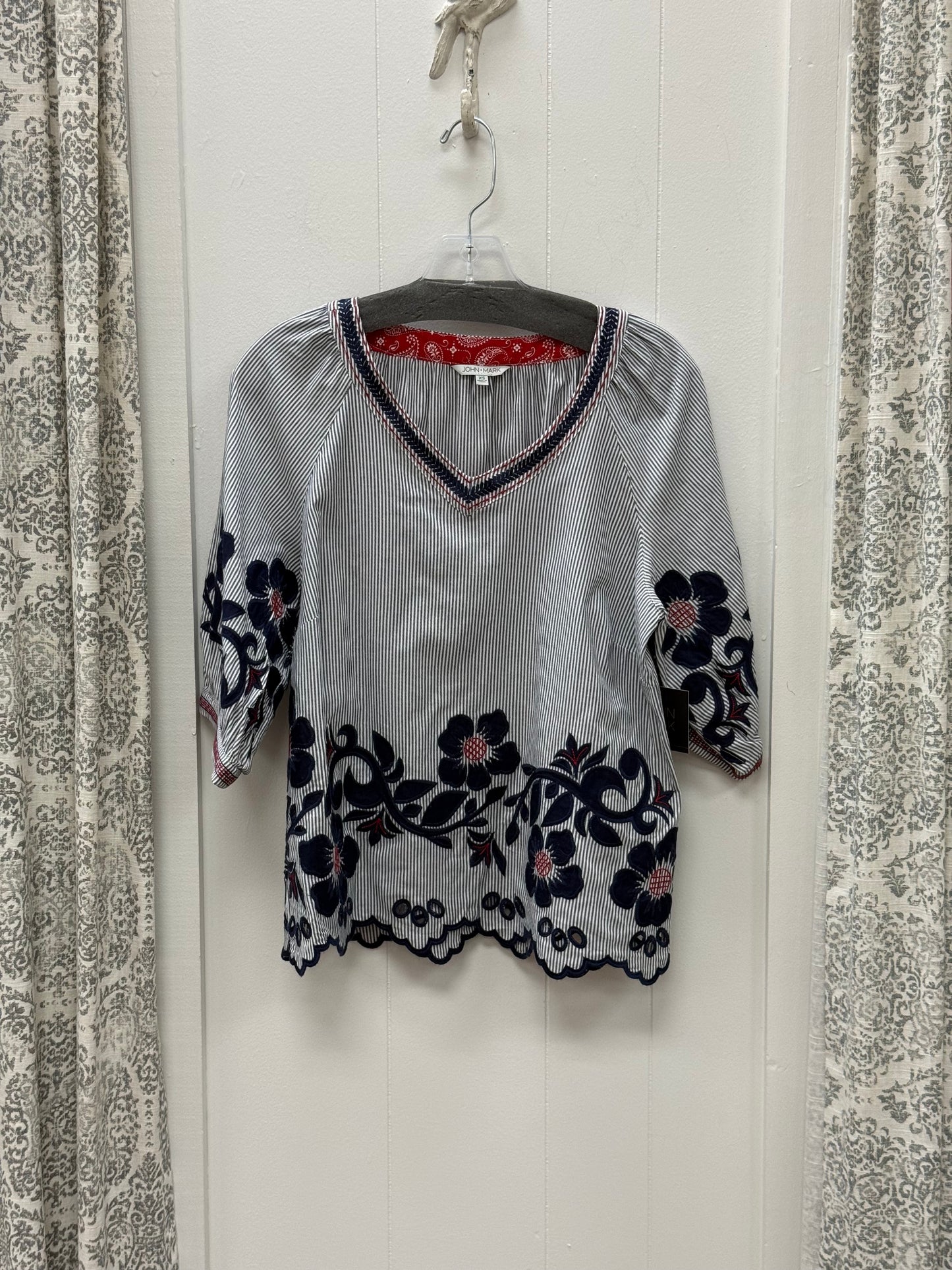 Floral Applique Striped Top With Puff Sleeves