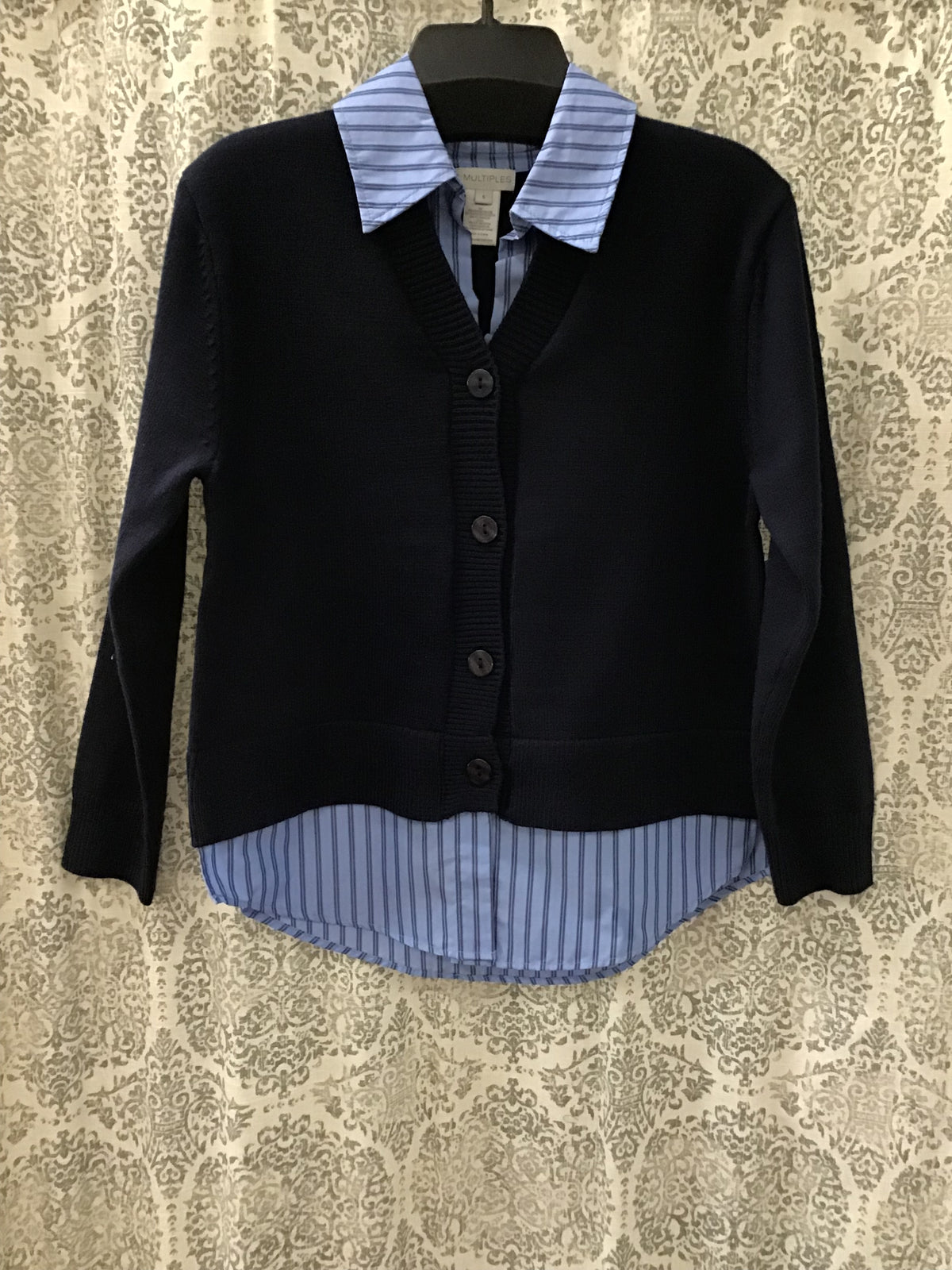 Cardigan Sweater w/ Striped Shirt