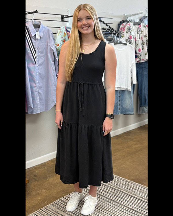 Sleeveless Boat Neck Tiered Midi Dress