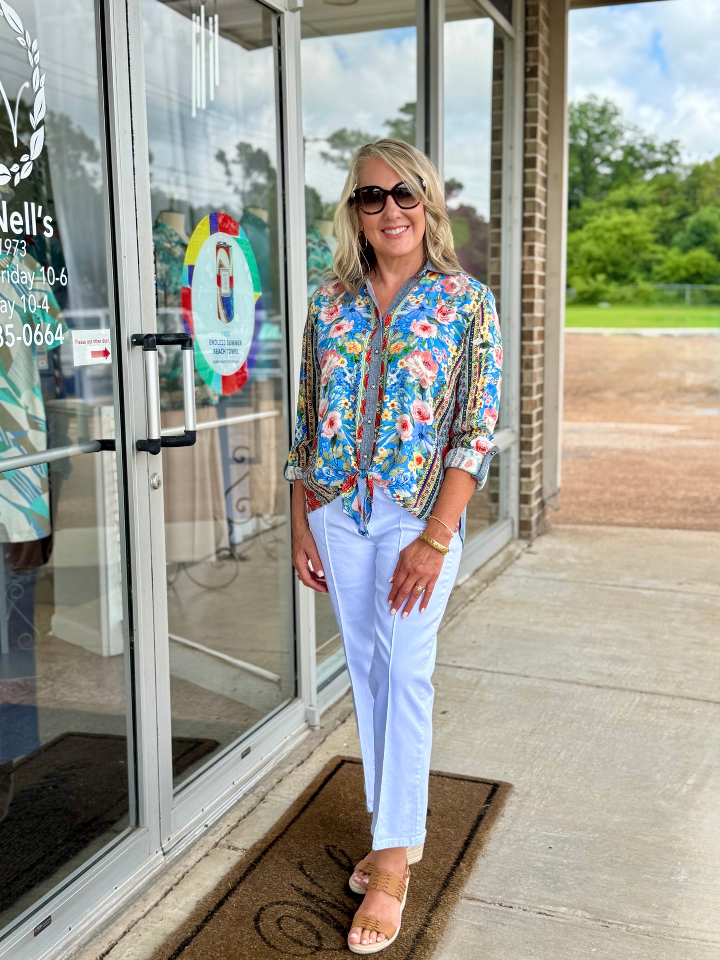 Printed Button Tie Front Top