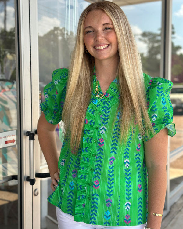 Puff Sleeve Ruffle Button Down Top