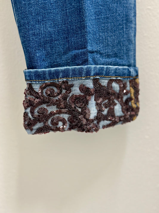 Cuffed Ankle Jean With Sequin Trim