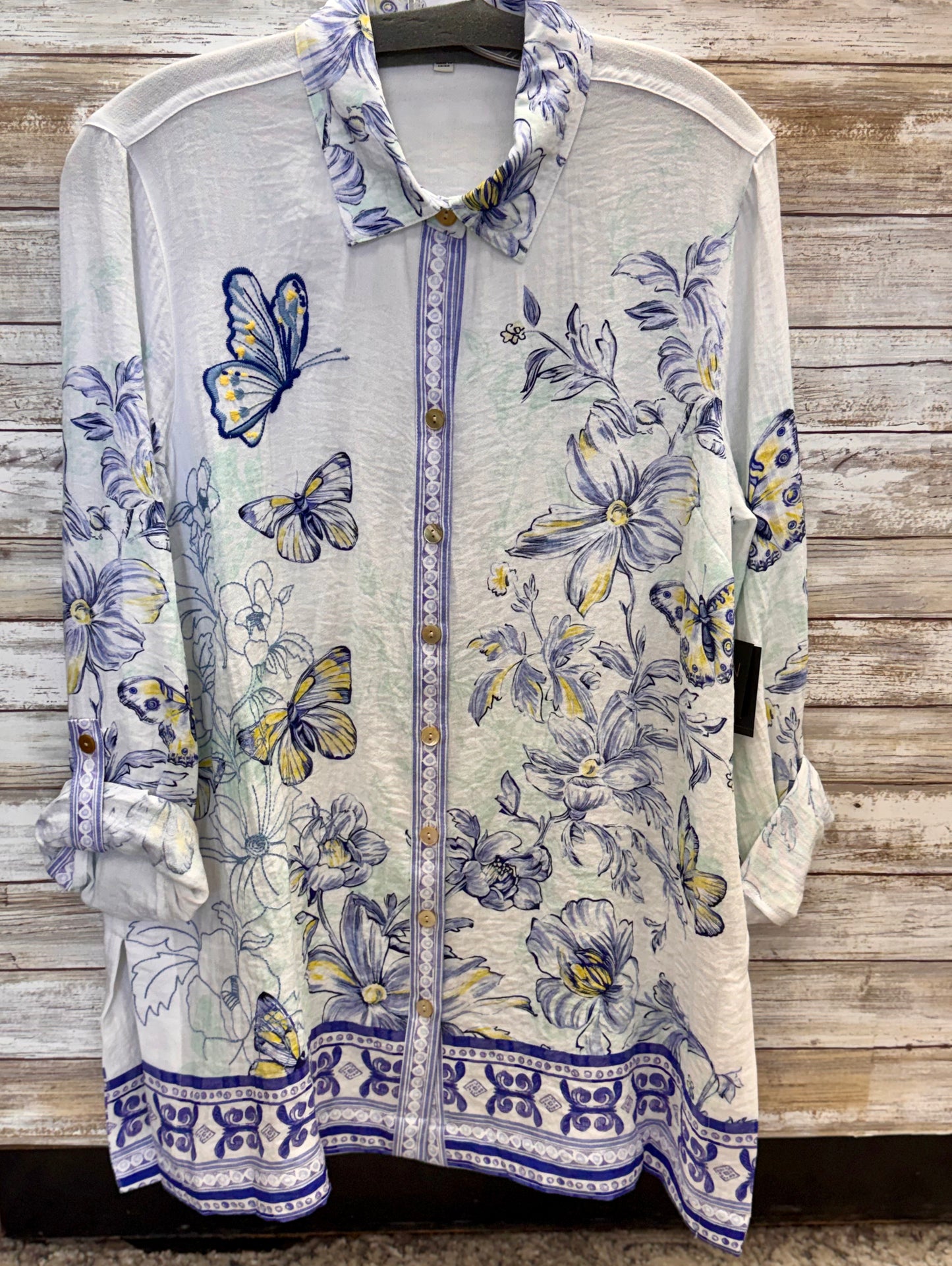 Button Front Blouse with Embroidery