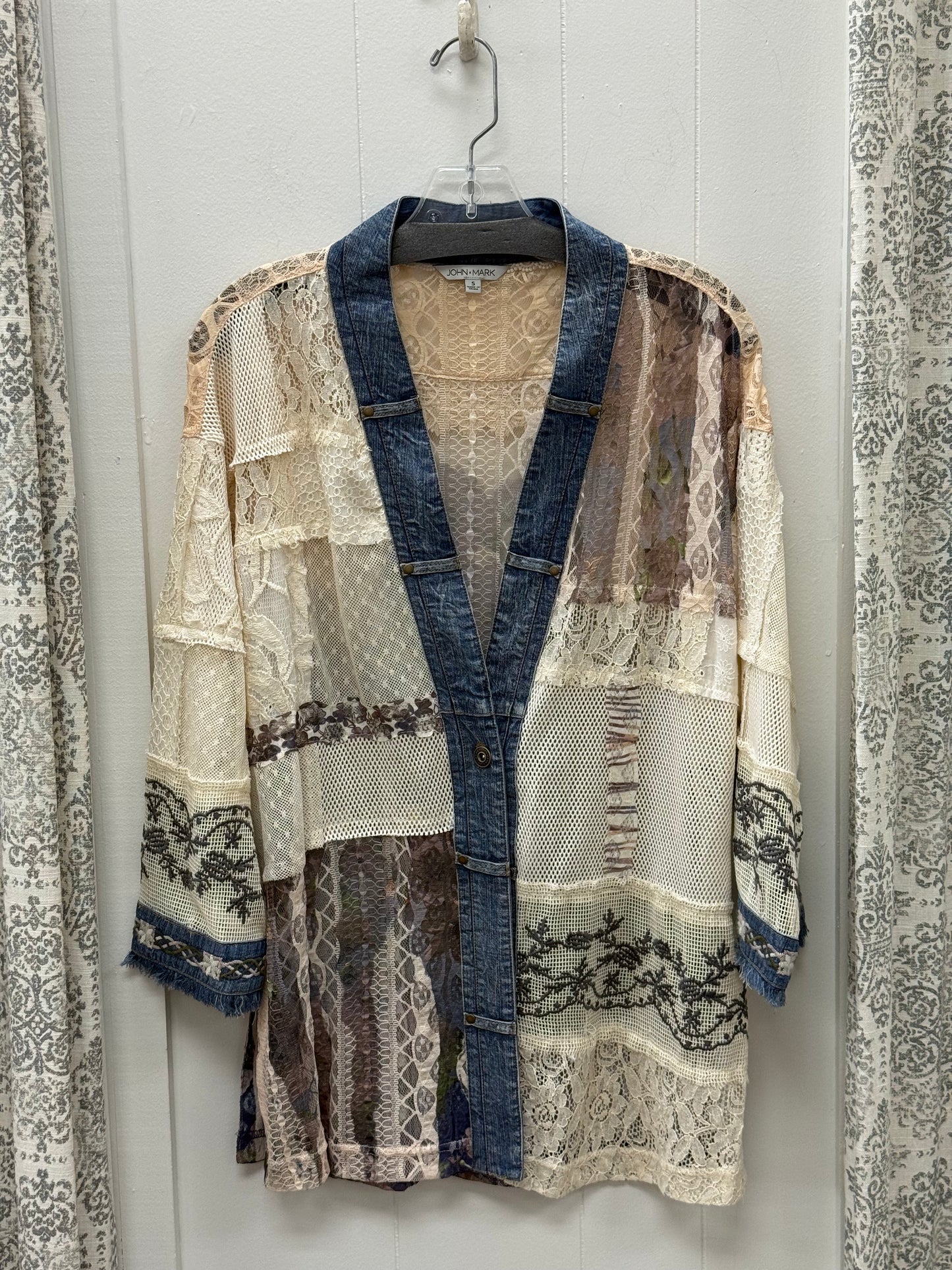 Woven Lave Patchwork 3/4 Sleeve Jacket With Woven Trim
