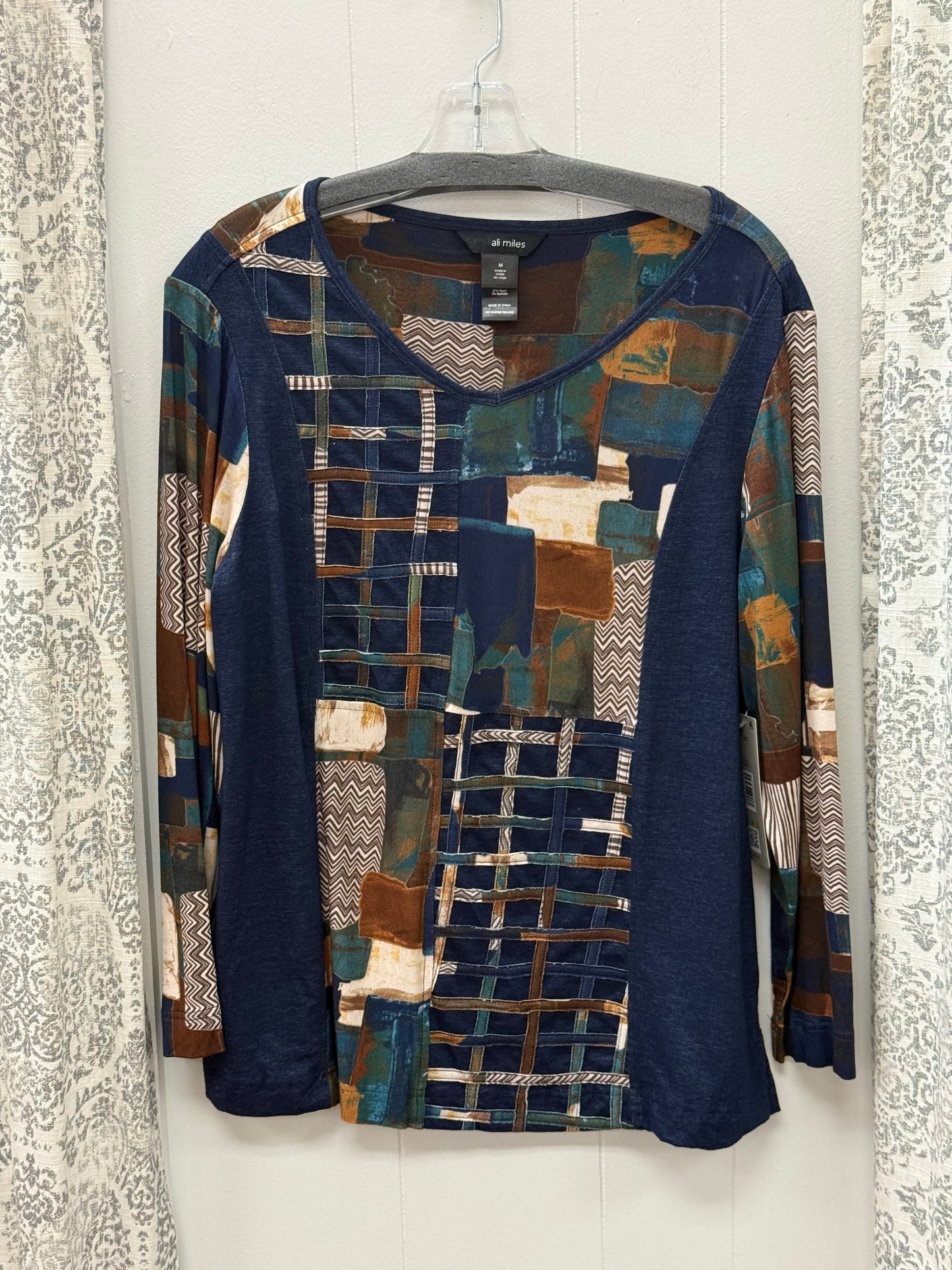 Printed Knit Top V-Neck Long Sleeves