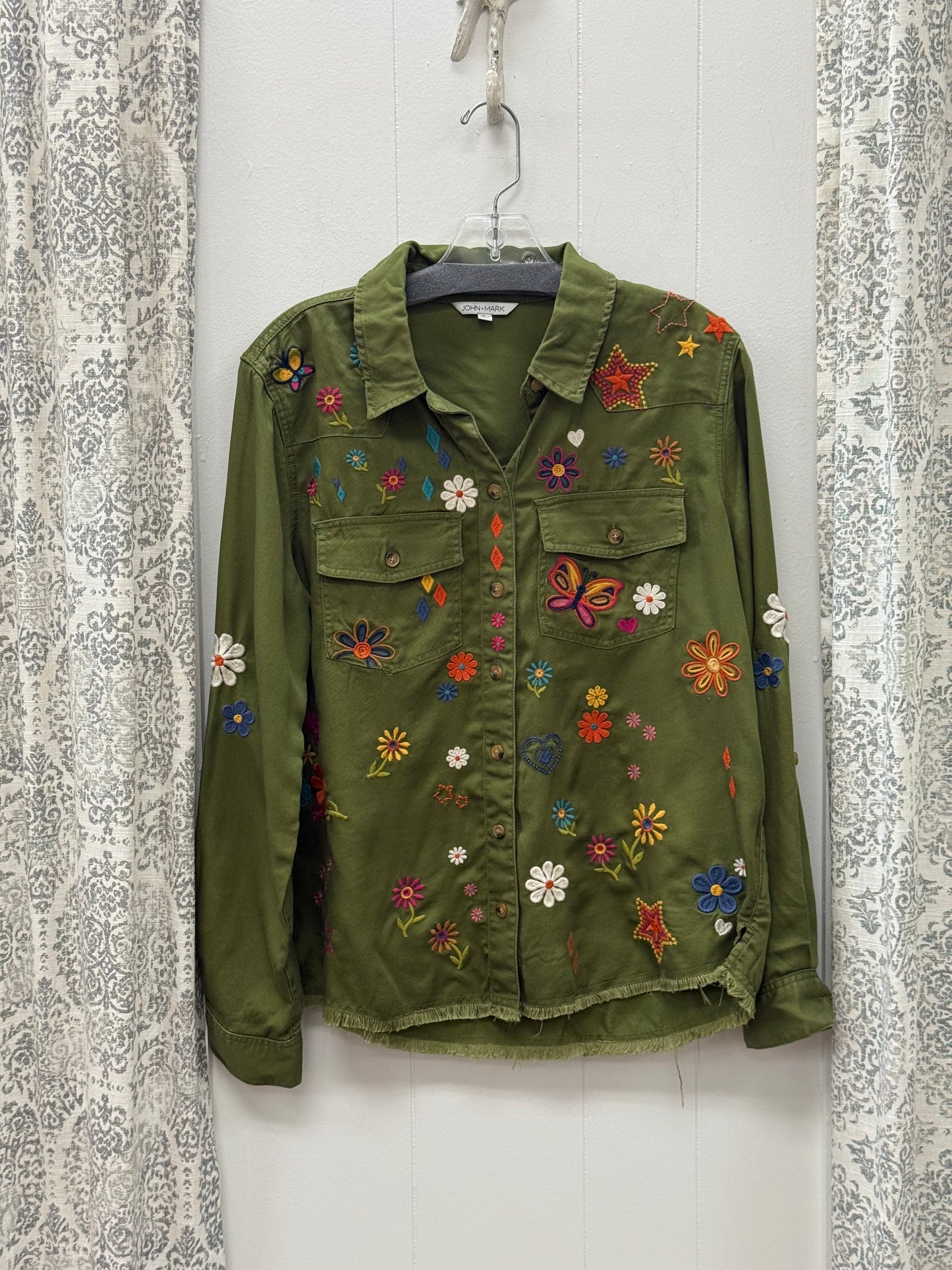 Embroidered Blouse With Front Pockets And Roll Tab Sleeves