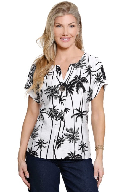 Woven Popover Split Neck Dolman Short Sleeve Straight Hem