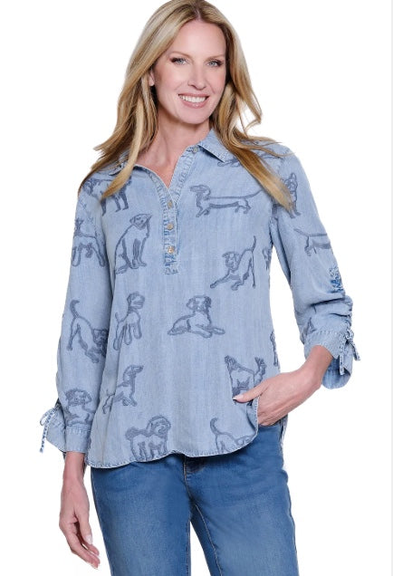Woven Embroidered Dog 3/4 Cinch Sleeve Tunic