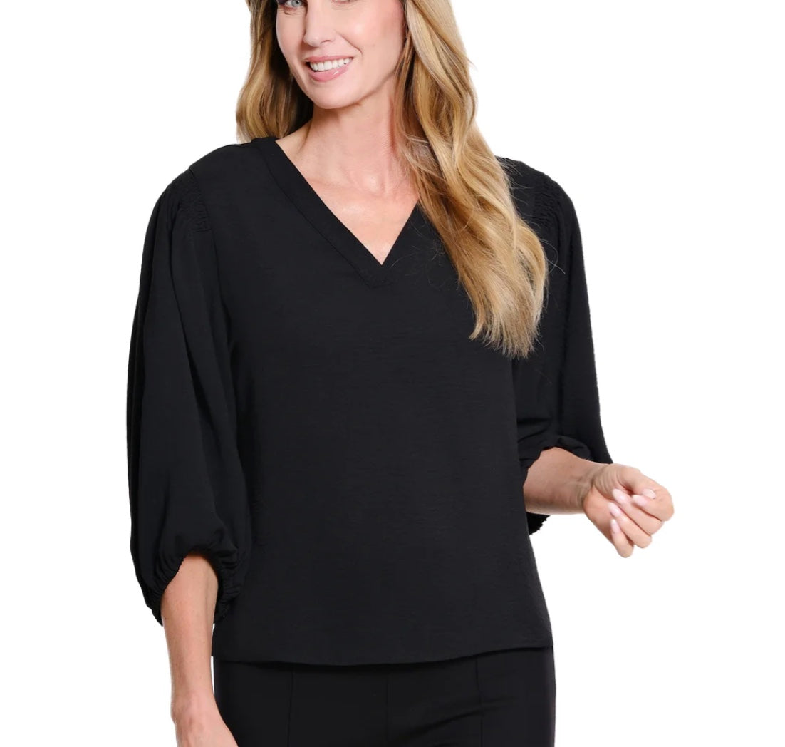 Puff Sleeve Banded V-Neck Woven Top