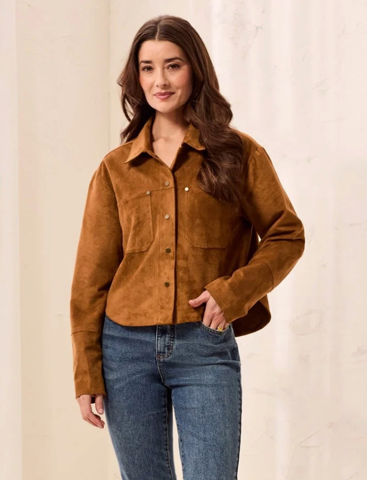 Soft Touch Faux Suede Snap Front Collared Shacket
