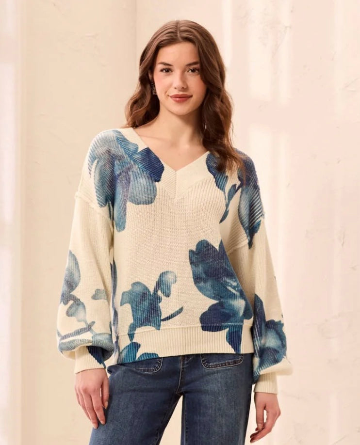 Drop Shoulder V-Neck Puff-Sleeve Printed Sweater