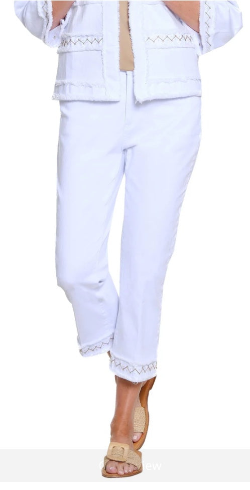 Zip & Button Crop Pant with Fringe Emorbirey Band Trim