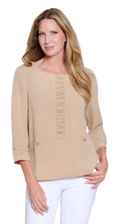 3/4 Sleeve Open Front Banded Top