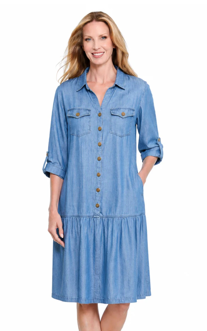 Tab 3/4 Slv Drop Shoulder 4 Pocket button Front Flounce Dress