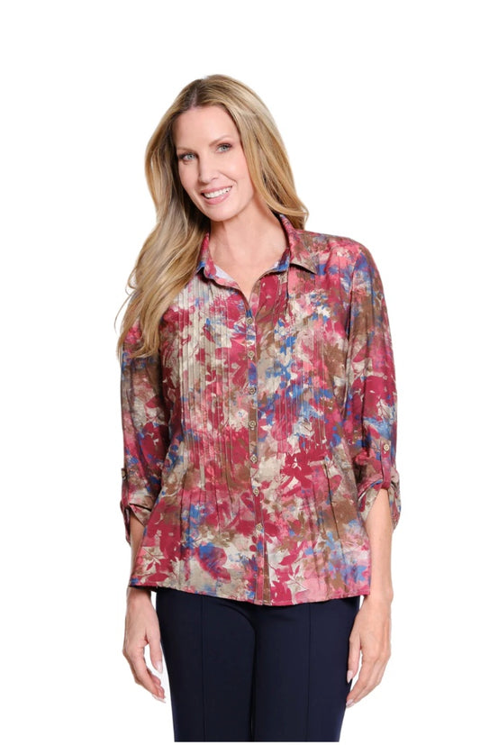 Cinched Tab Cuffed 3/4 Sleeve Multi Button Front Woven Top