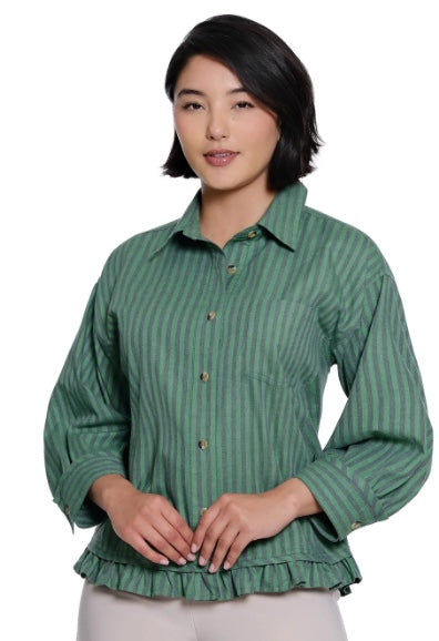 Woven Button Front Top Ruffle Hem