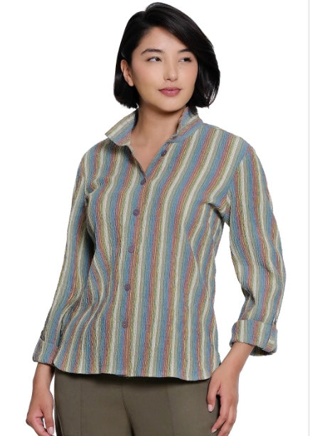 Woven Textured Button Front Top Point Collar 3/4 Sleeves