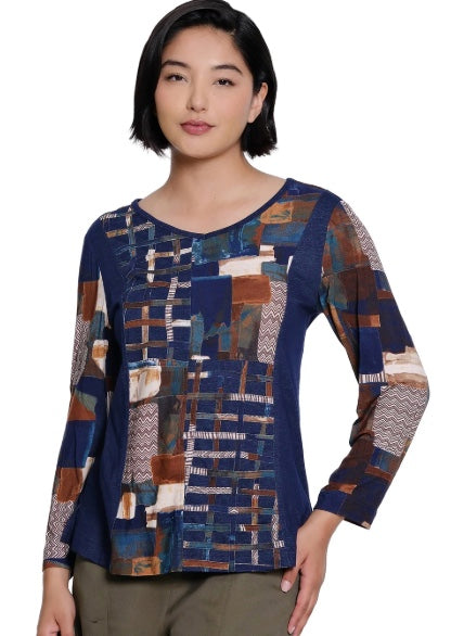 Printed Knit Top V-Neck Long Sleeves