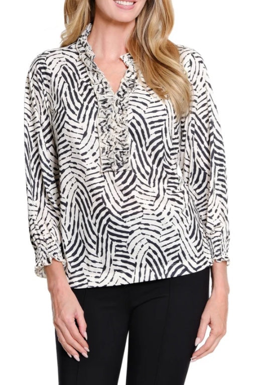 3/4 Shirred Sleeve Ruffle Trim Notch Neck Stand Collar Top