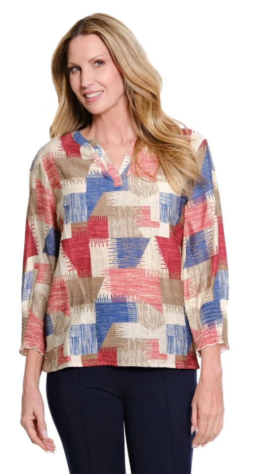 Shirred Cuff 3/4 Sleeve Woven Top