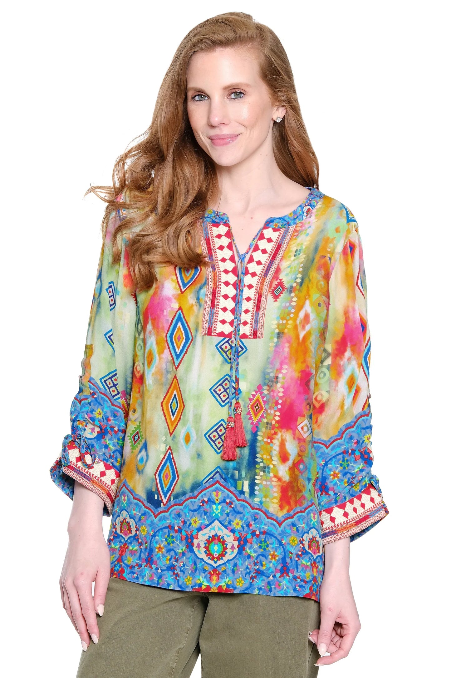 Embroidered Tassel Tie Front Tunic