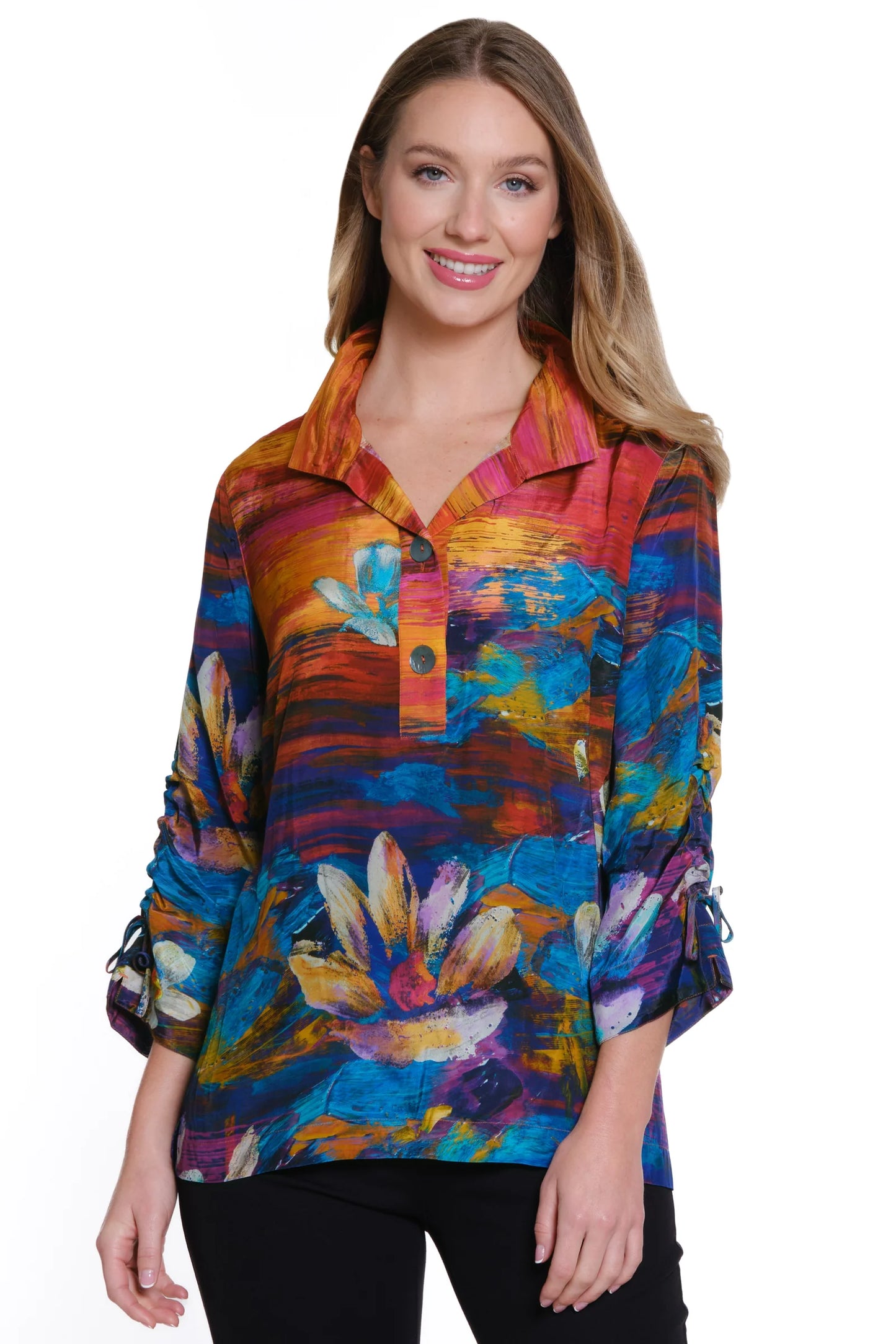 Printed Wire Collar Tunic w/ Cinch Tie Sleeves