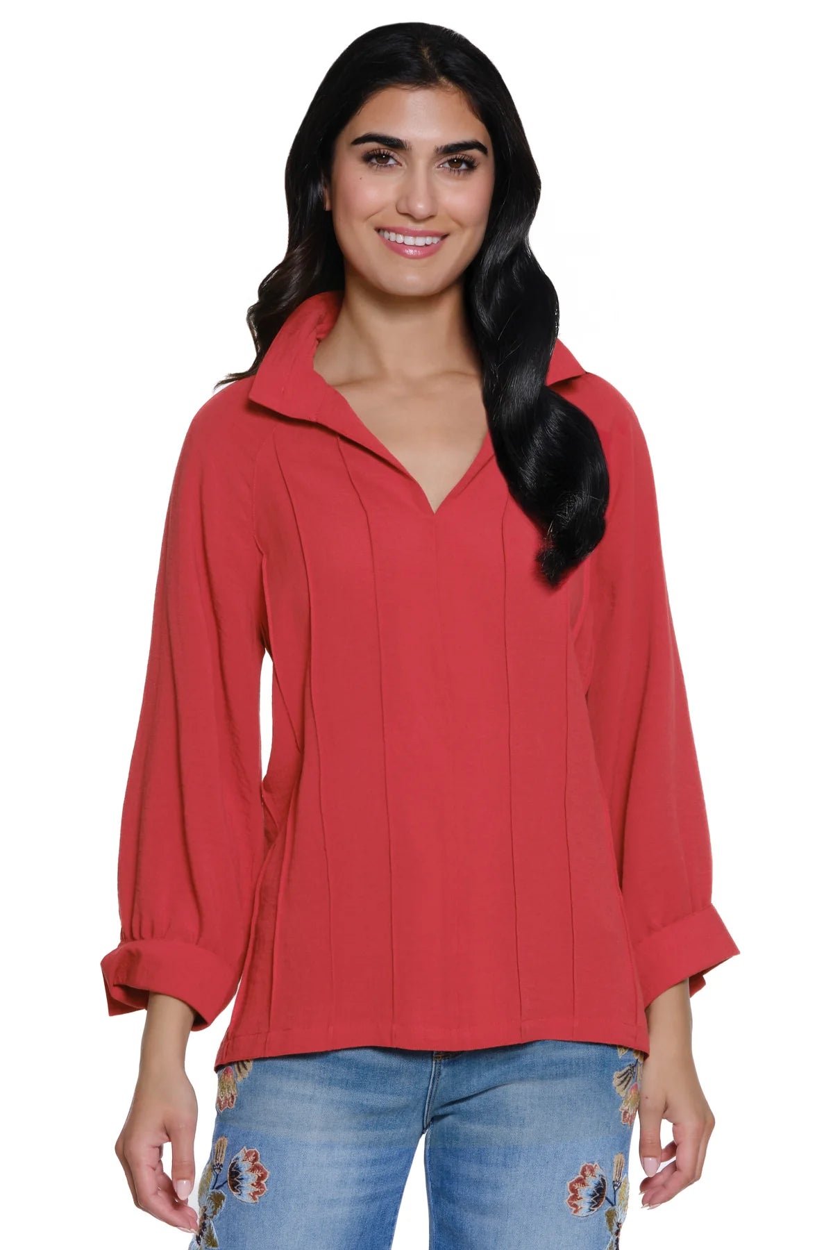 Split Neck Pin Tuck Detail Top
