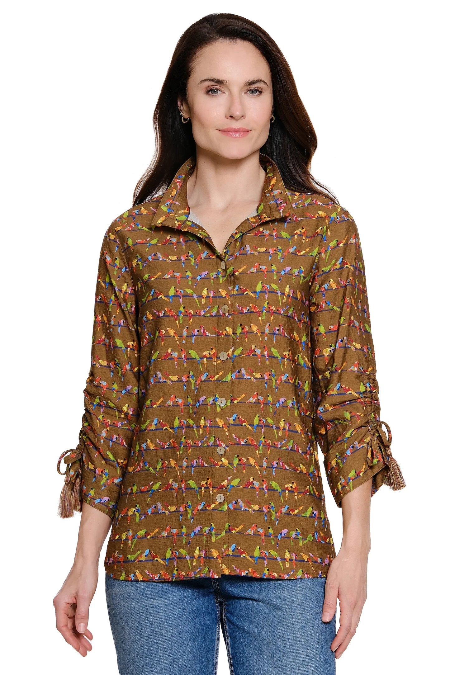 Woven Wire Collar Button Front With 3/4 Cinch Tassel Tie Sleeves