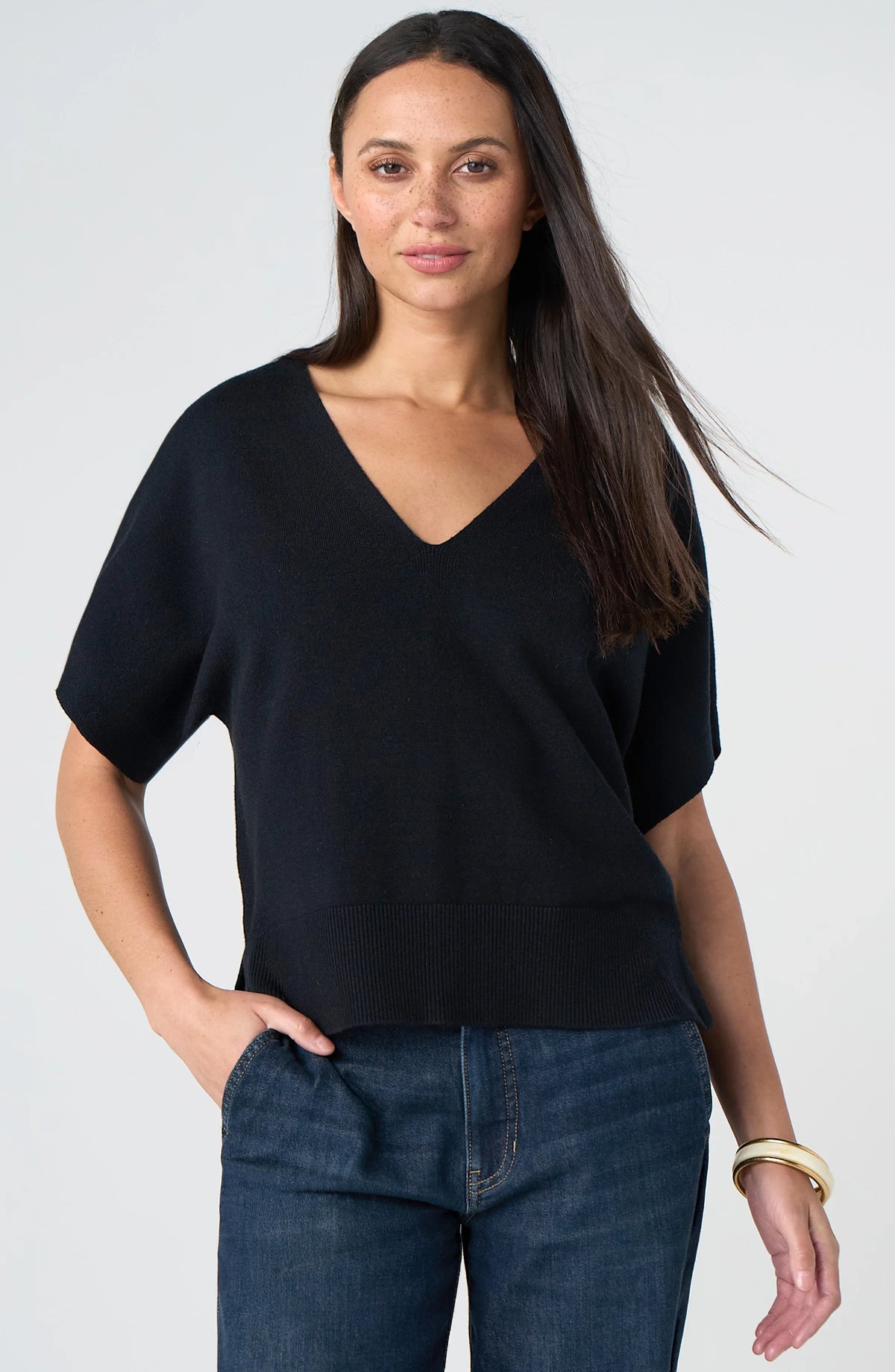 Short Sleeve V-Neck Dolman Popover Top