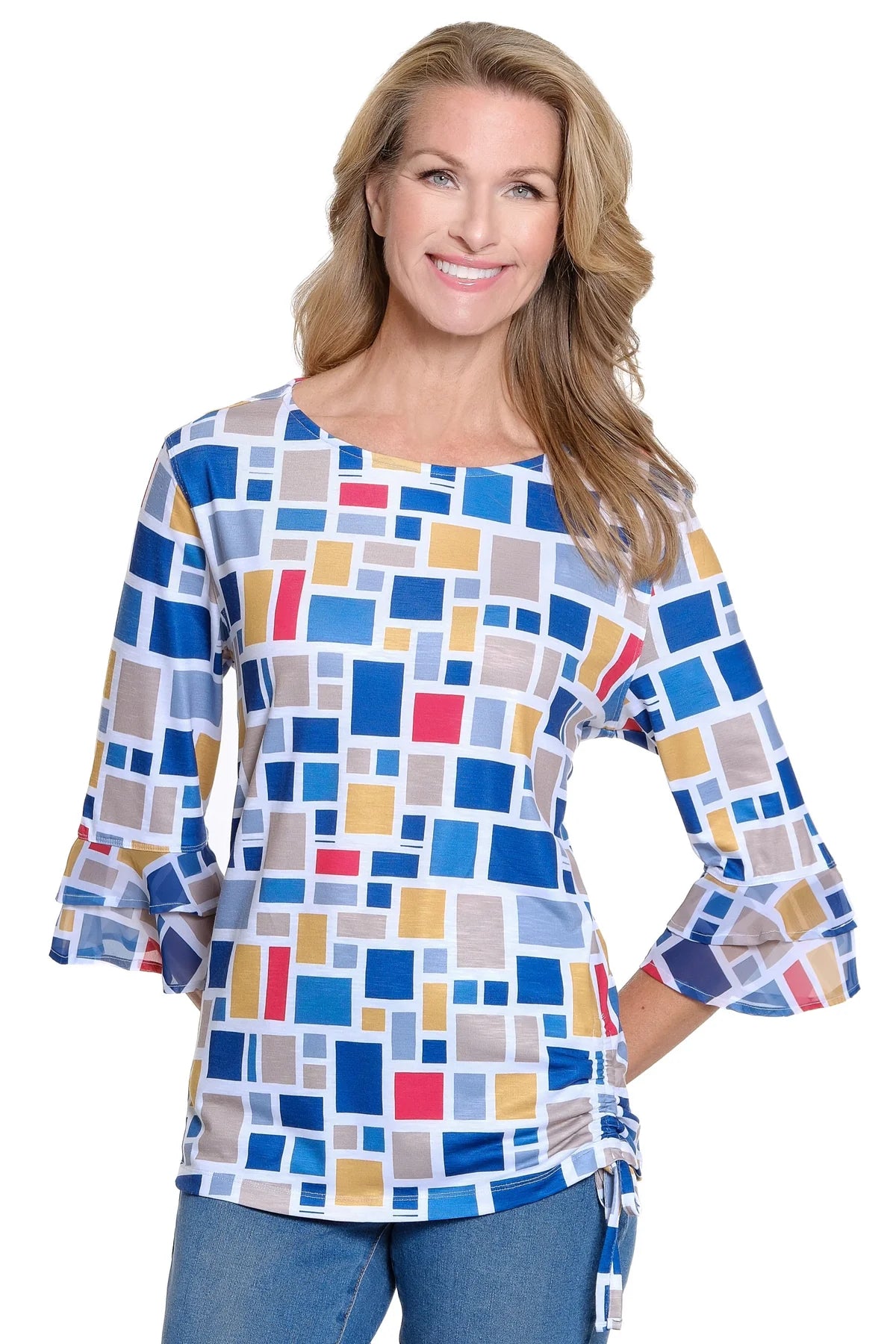 Double Flounce 3/4 Sleeve Print Top