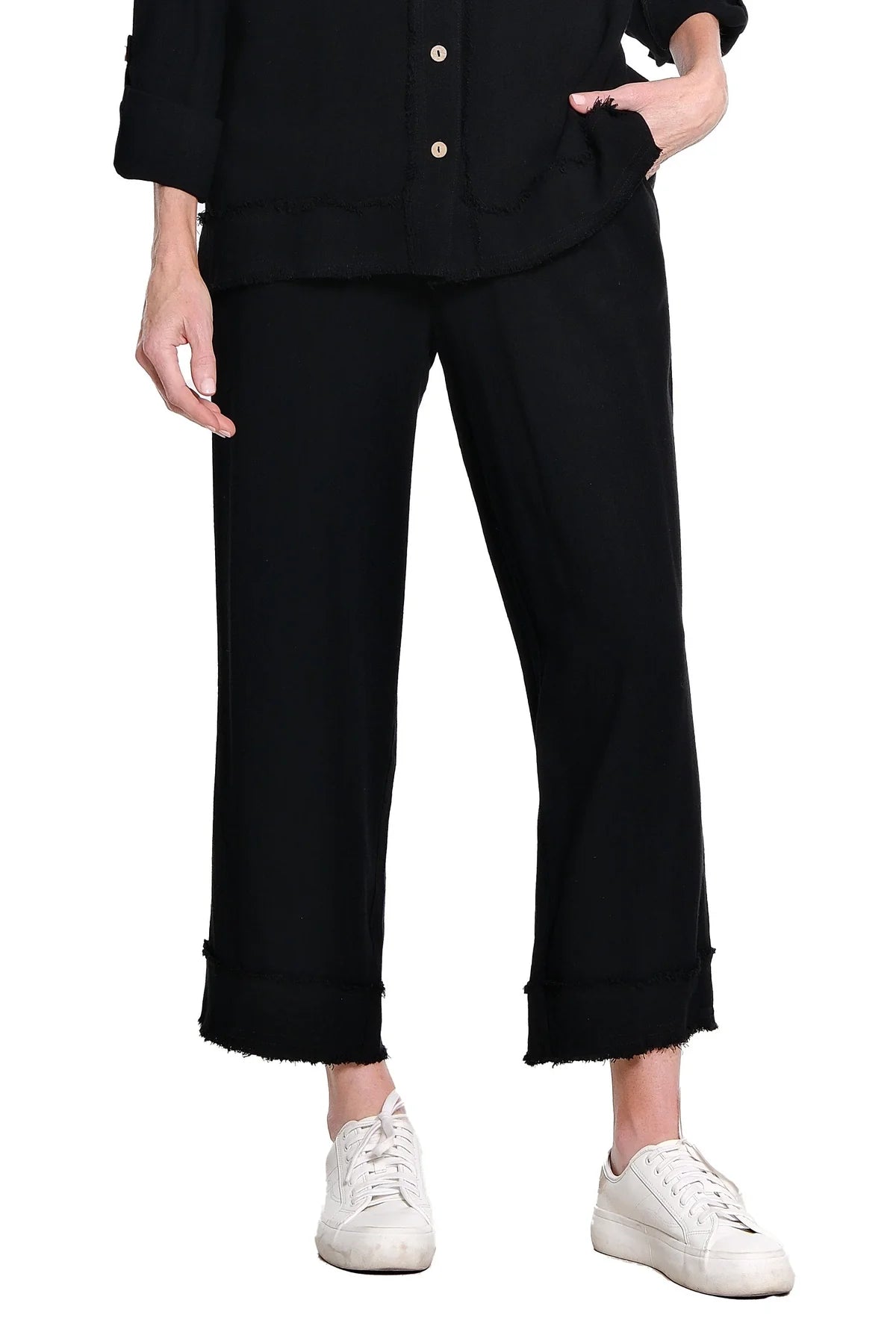 Drawstring Elastic Waist Crop Pant With Fringe Hem