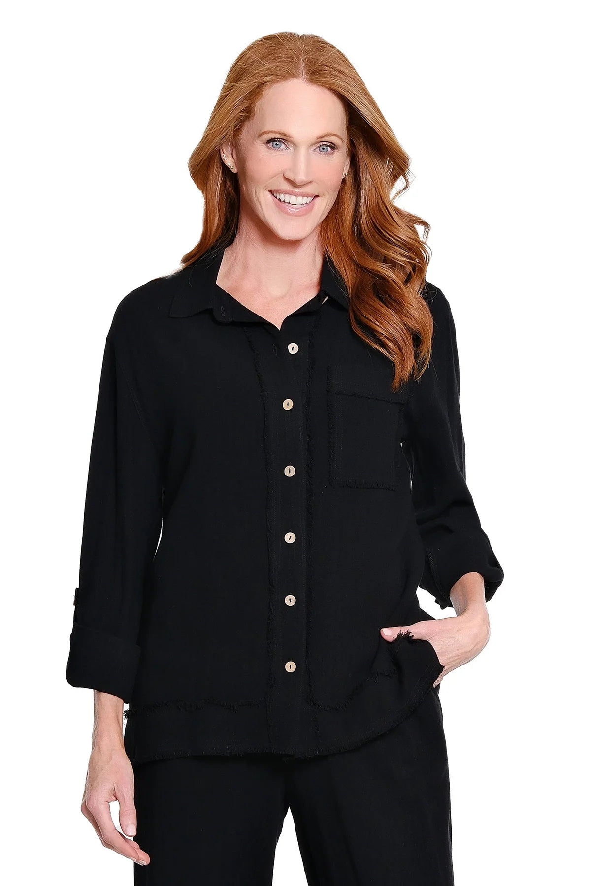 Roll Tab Cuffed Button Front Fringe Top