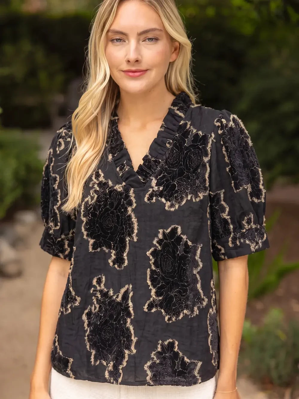 Ruffled Textured Velvet Top