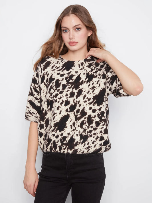 Elbow Sleeve Balloon Shape Printed Sweater