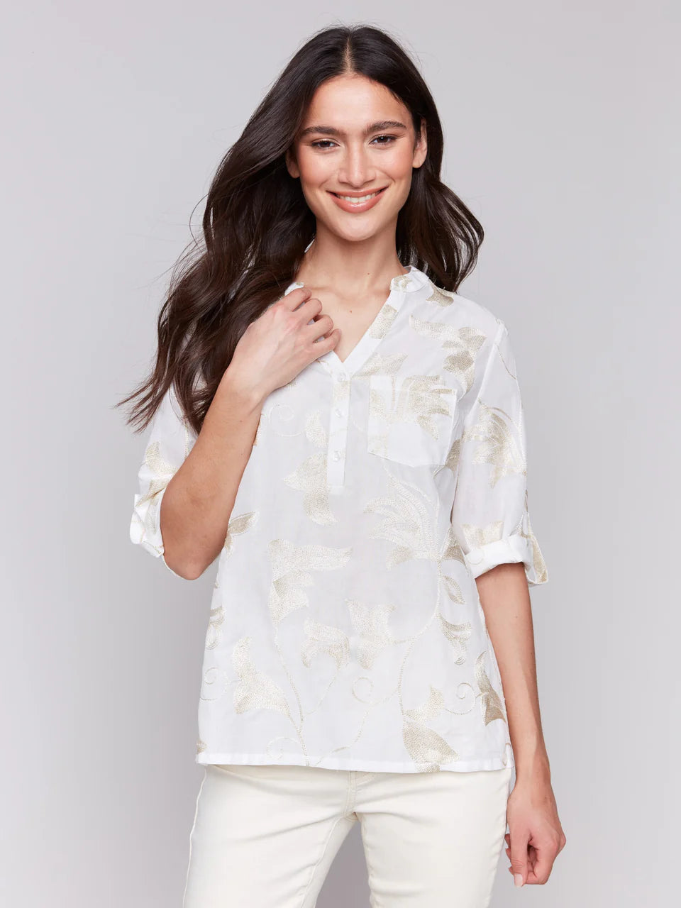 Embroidered Cotton Half-Button Blouse