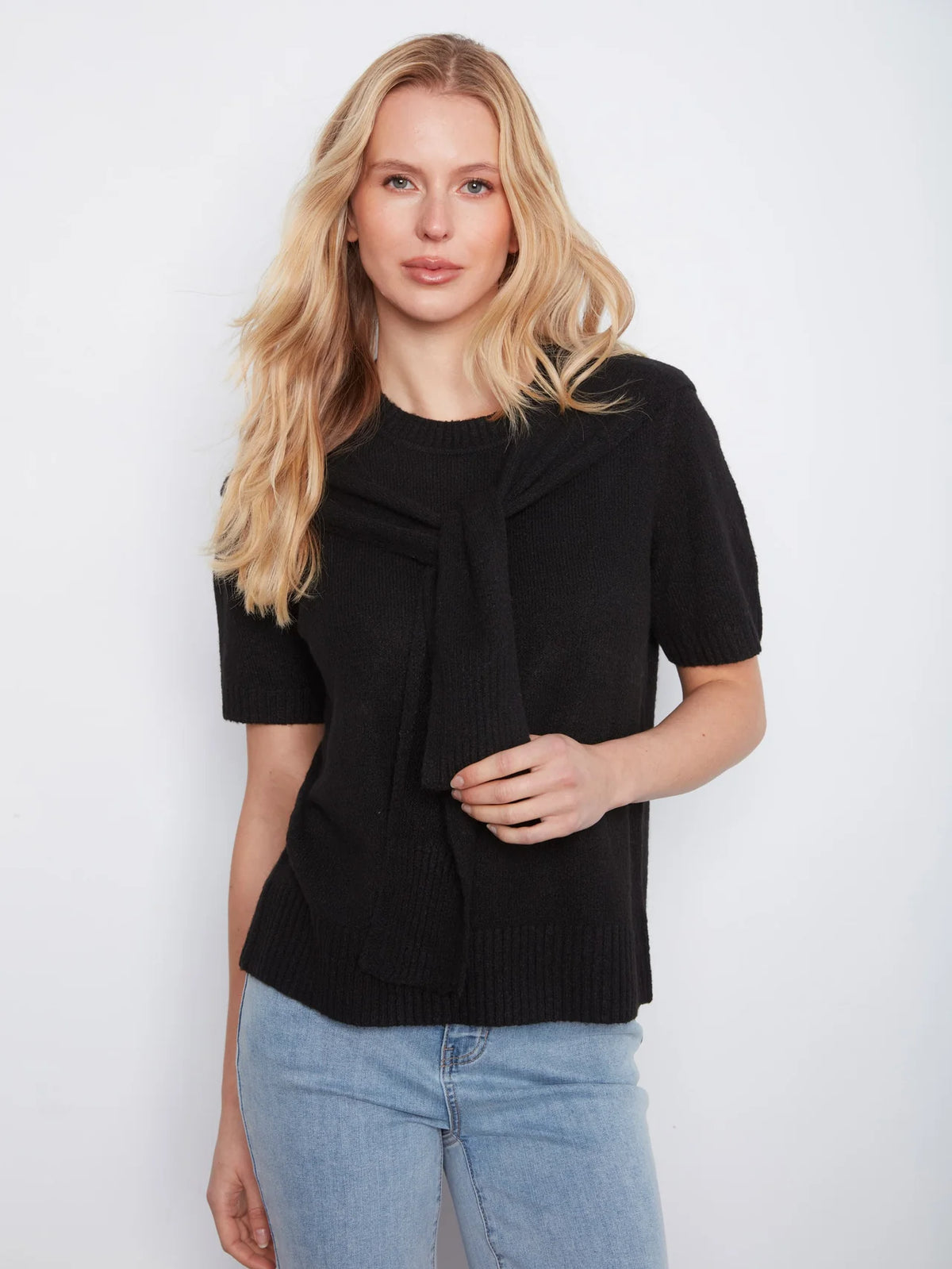 Short Sleeve Crew Neck Sweater With Combined Sleeves Detail