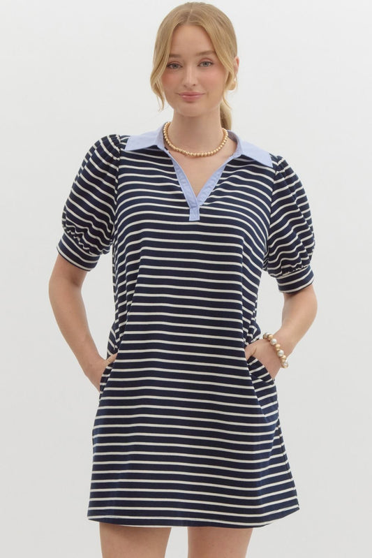 Stripe V-neck Collared Mini Dress