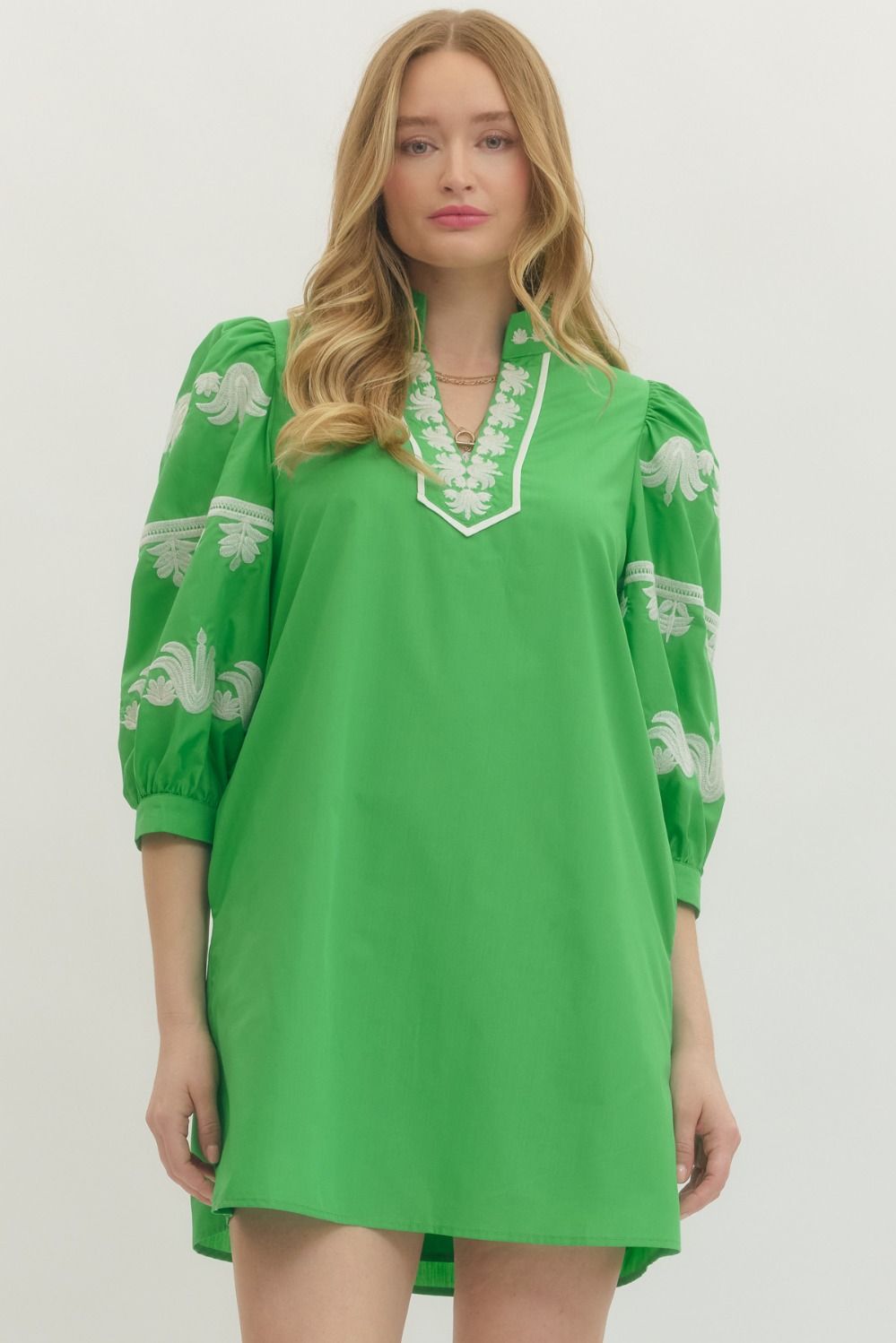 3/4 Sleeve Green Embroidered Mini Dress Green / Large 3/4 Sleeve Green Embroidered Mini Dress Green / Large