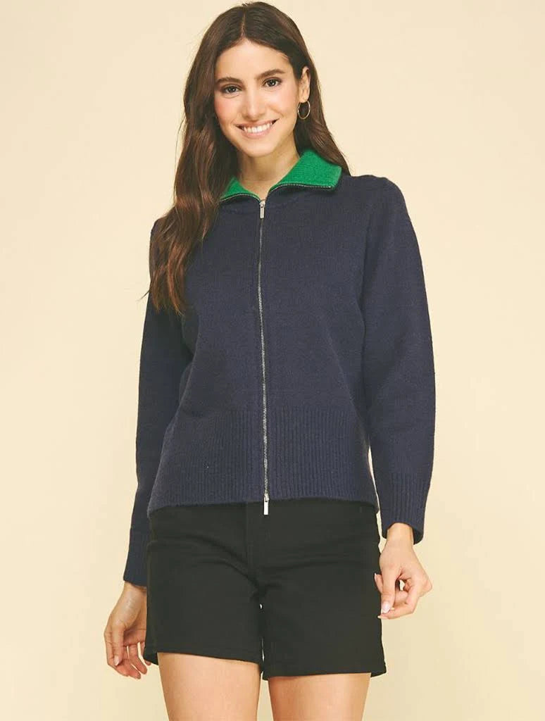 Block Collar Full Zip Knit Cardigan
